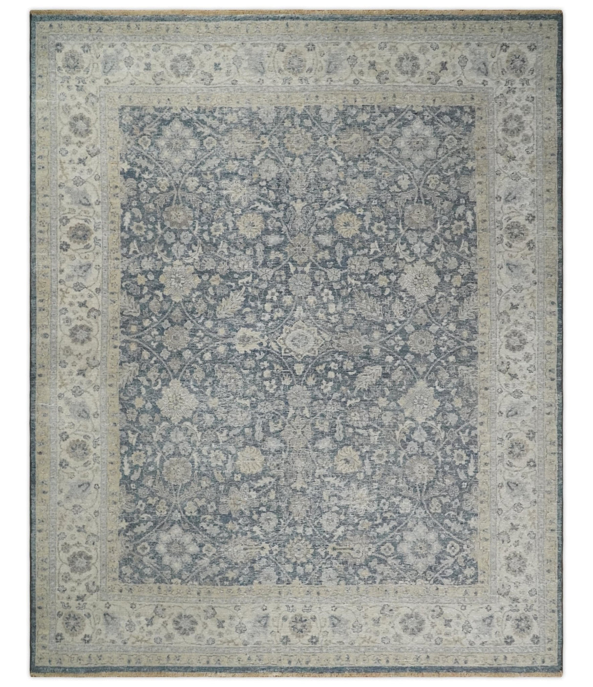 Vintage Style Hand Knotted 9x12 Traditional Blue and Beige Antique Textured Low Pile Distressed Wool Rug
