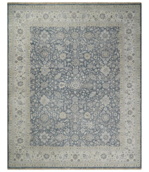 Vintage Style Hand Knotted 9x12 Traditional Blue and Beige Antique Textured Low Pile Distressed Wool Rug
