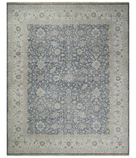 Vintage Style Hand Knotted 9x12 Traditional Blue and Beige Antique Textured Low Pile Distressed Wool Rug