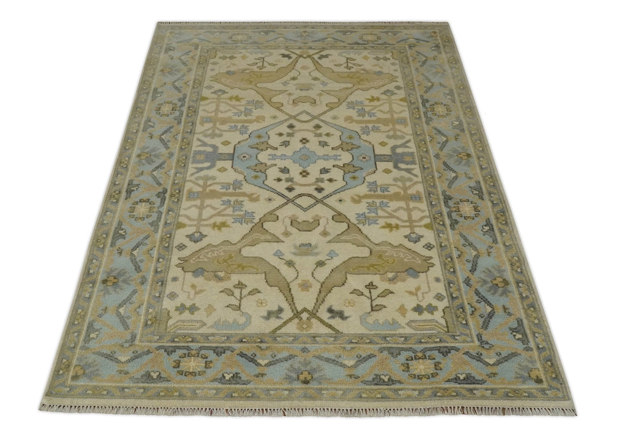 Vintage Style Ivory, Beige and Gray 6x9 Hand Knotted Traditional Oriental Oushak wool rug