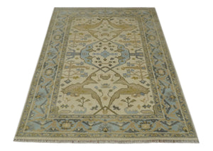 Vintage Style Ivory, Beige and Gray 6x9 Hand Knotted Traditional Oriental Oushak wool rug