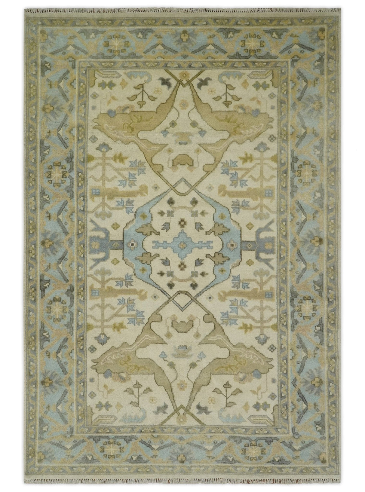 Vintage Style Ivory, Beige and Gray 6x9 Hand Knotted Traditional Oriental Oushak wool rug