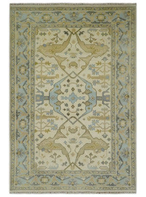 Vintage Style Ivory, Beige and Gray 6x9 Hand Knotted Traditional Oriental Oushak wool rug