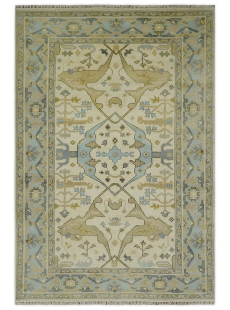 Vintage Style Ivory, Beige and Gray 6x9 Hand Knotted Traditional Oriental Oushak wool rug