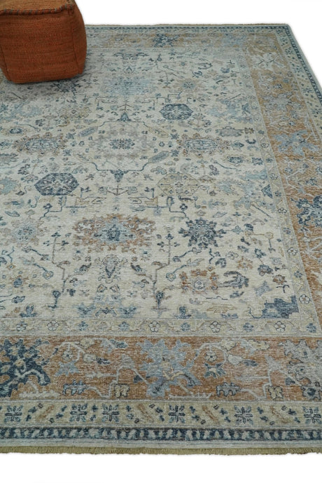 Vintage Style Ivory and Rust 8x10 Traditional Textured Low Pile Wool Rug