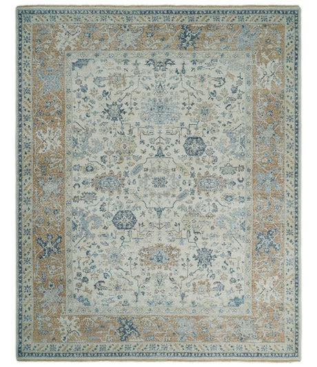 Vintage Style Ivory and Rust 8x10 Traditional Textured Low Pile Wool Rug