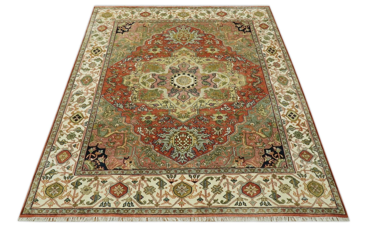 Vintage Style Olive, Rust and Ivory Fine Hand Knotted 8x10 wool area rug