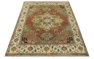 Vintage Style Olive, Rust and Ivory Fine Hand Knotted 8x10 wool area rug