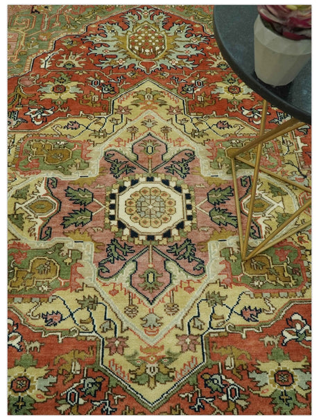 Vintage Style Olive, Rust and Ivory Fine Hand Knotted 8x10 wool area rug