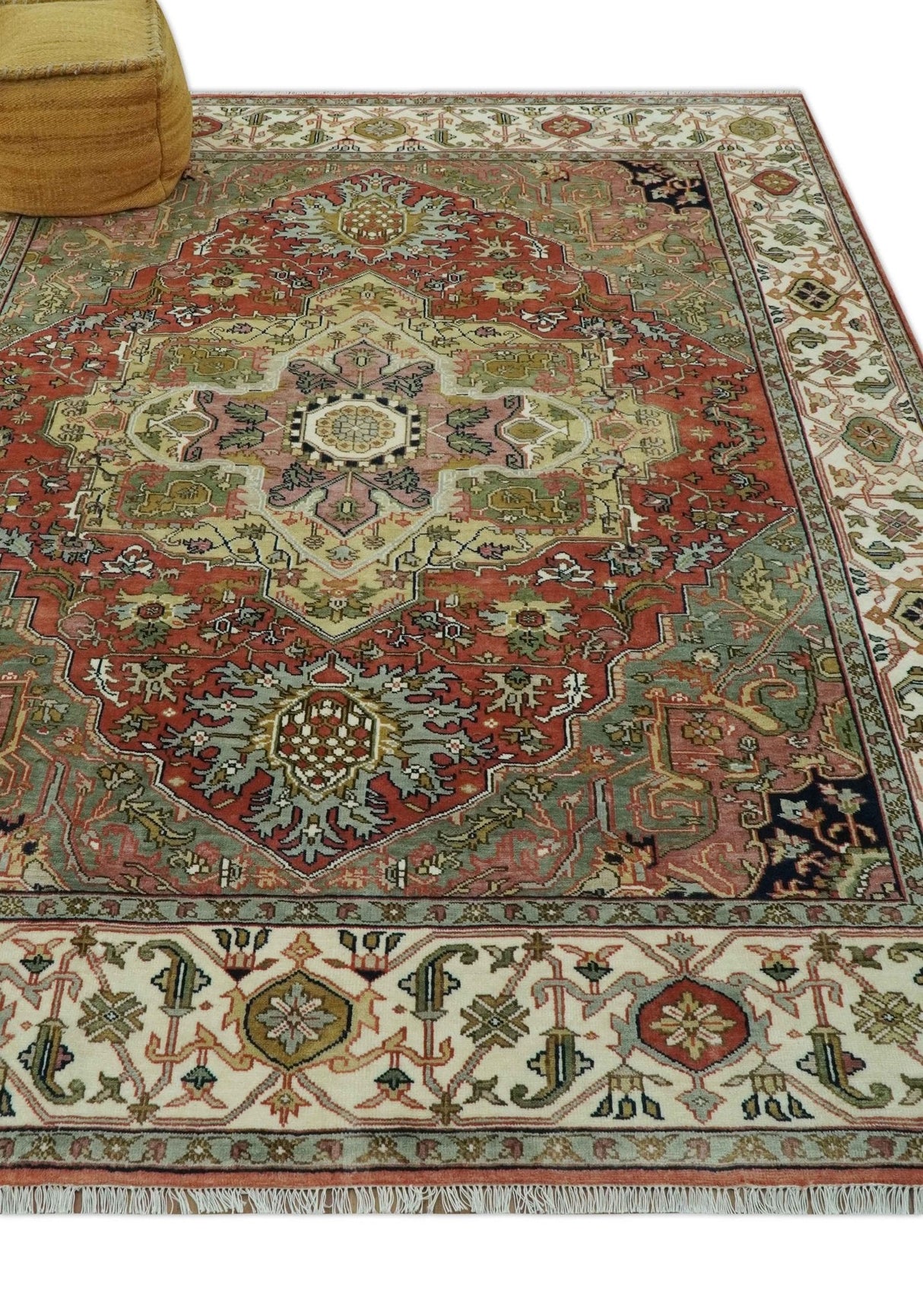 Vintage Style Olive, Rust and Ivory Fine Hand Knotted 8x10 wool area rug