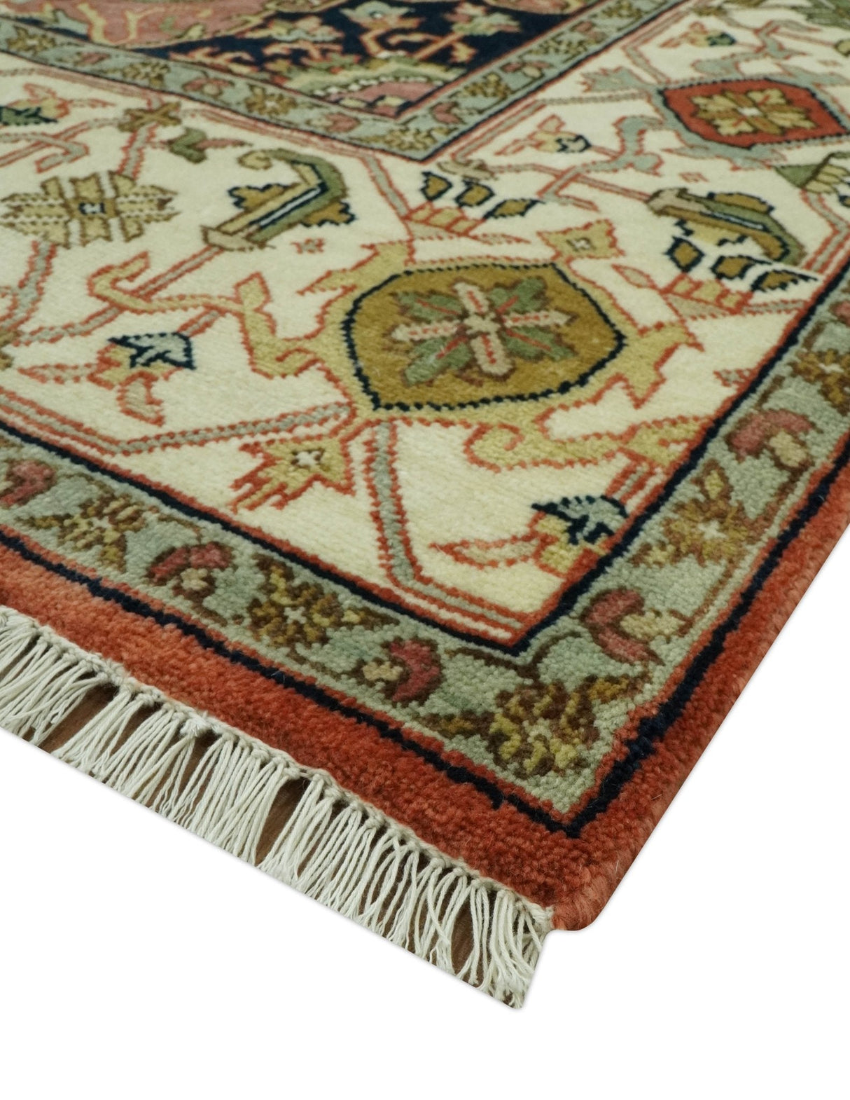 Vintage Style Olive, Rust and Ivory Fine Hand Knotted 8x10 wool area rug