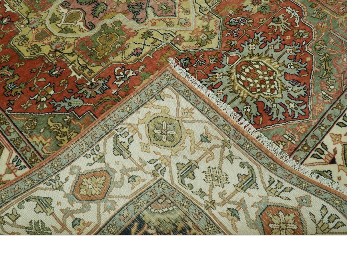 Vintage Style Olive, Rust and Ivory Fine Hand Knotted 8x10 wool area rug