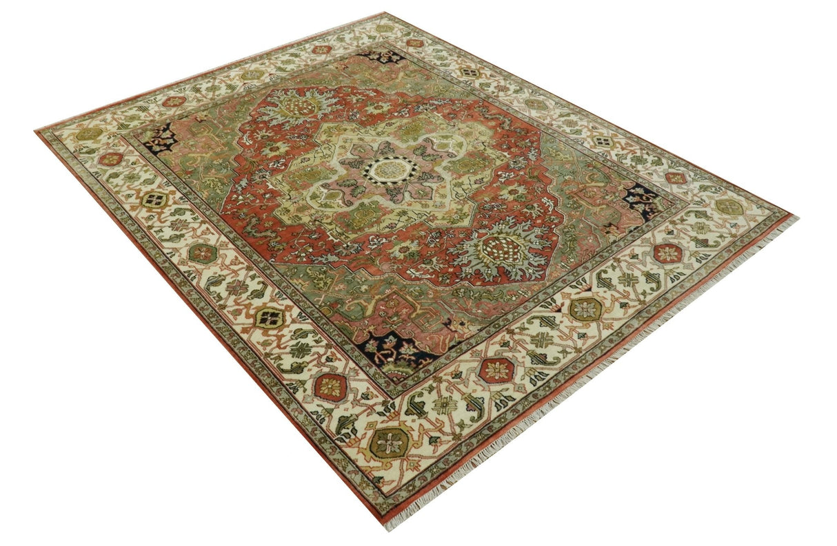 Vintage Style Olive, Rust and Ivory Fine Hand Knotted 8x10 wool area rug