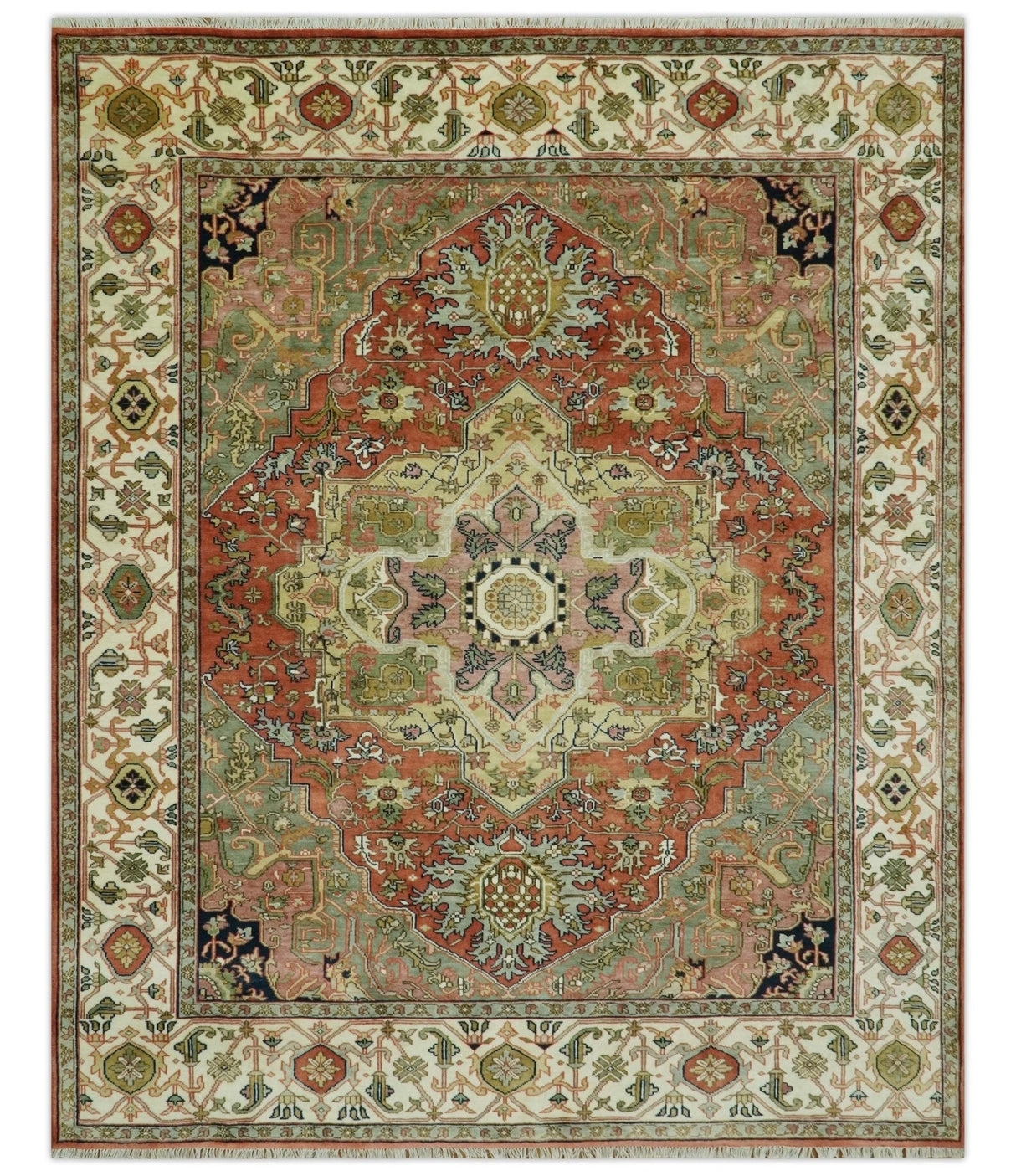 Vintage Style Olive, Rust and Ivory Fine Hand Knotted 8x10 wool area rug