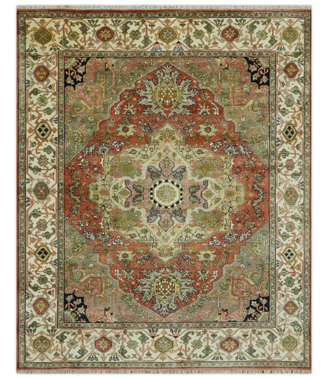 Vintage Style Olive, Rust and Ivory Fine Hand Knotted 8x10 wool area rug