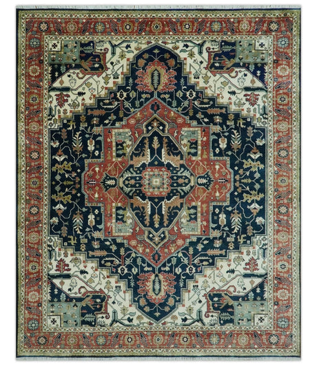 Vintage Style Rust, Blue and Ivory Fine Hand Knotted Traditional Heriz 9x12 wool area rug