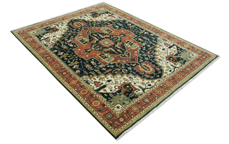 Vintage Style Rust, Blue and Ivory Fine Hand Knotted Traditional Heriz 9x12 wool area rug