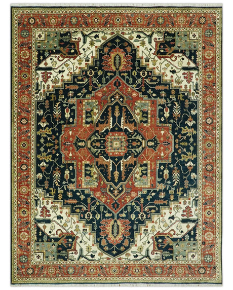 Vintage Style Rust, Blue and Ivory Fine Hand Knotted Traditional Heriz 9x12 wool area rug