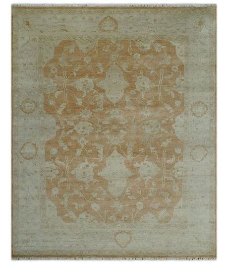 Vintage Style Rust and Beige Hand knotted Traditional Oushak 8x10 and 9x12 wool Area Rug
