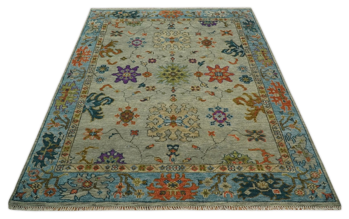 Vintage Style Vibrant Colorful Beige, Blue and Rust Hand Knotted Traditional Oushak Multi Size wool Area Rug