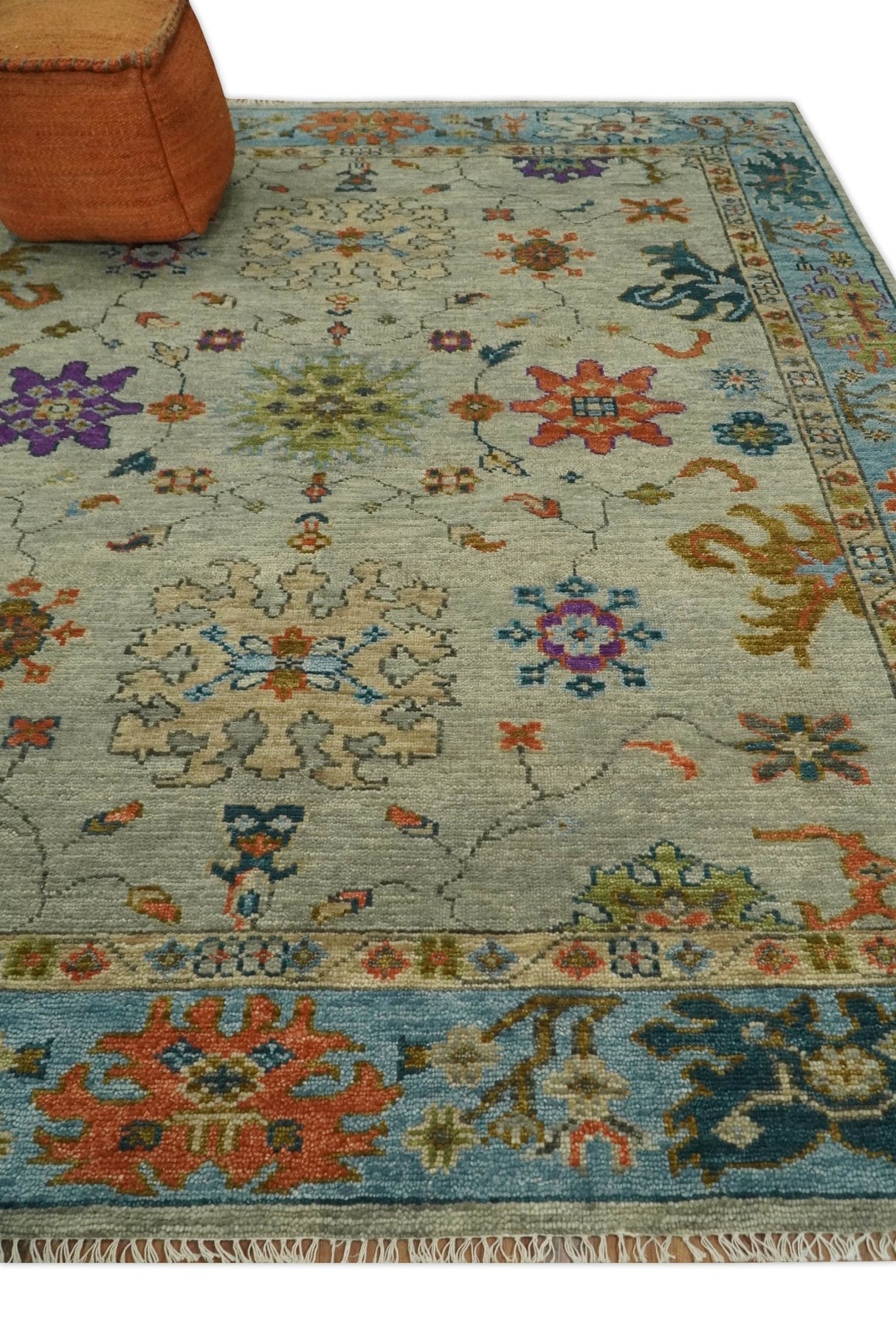 Vintage Style Vibrant Colorful Beige, Blue and Rust Hand Knotted Traditional Oushak Multi Size wool Area Rug