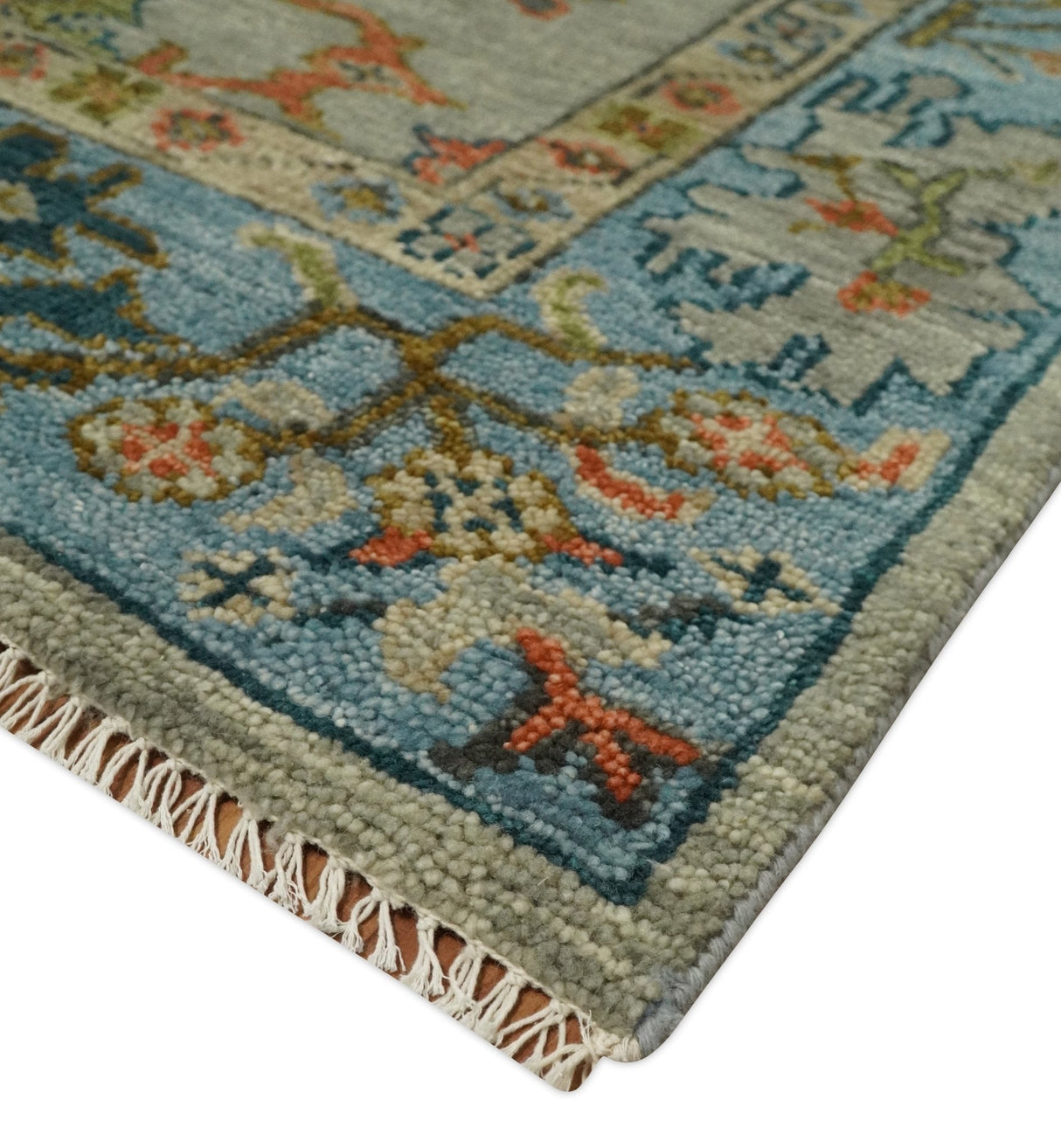 Vintage Style Vibrant Colorful Beige, Blue and Rust Hand Knotted Traditional Oushak Multi Size wool Area Rug
