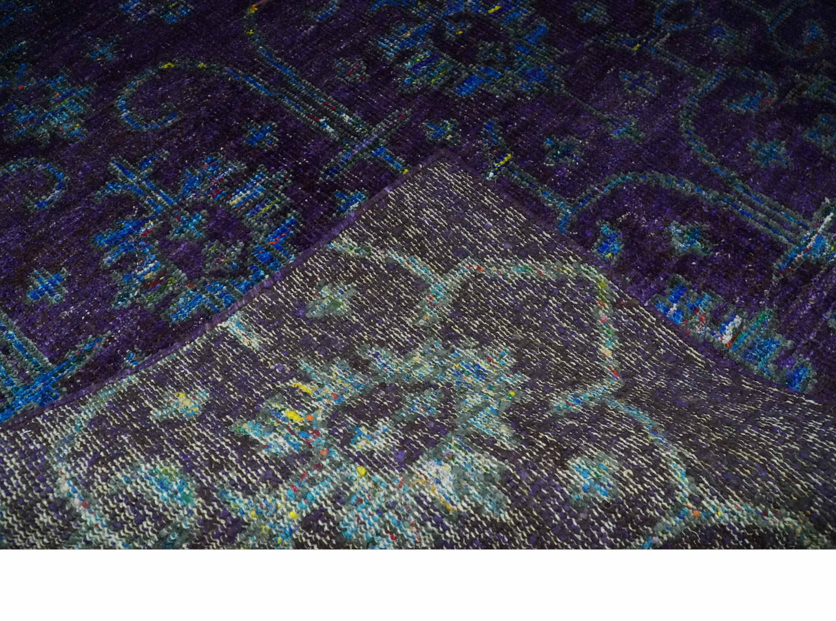 Violet and Blue Traditional Ikat design 5x8 Hand knotted wool area rug