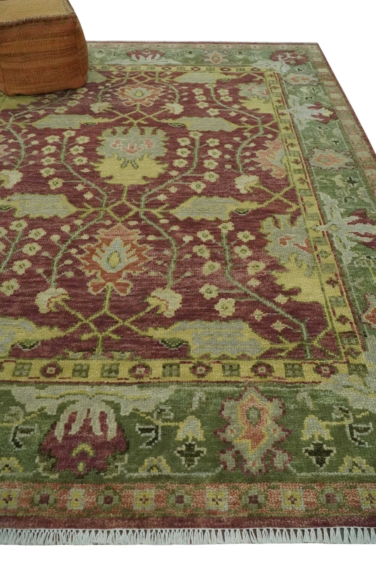Wool Traditional Brown, Green and Beige 8x10 Floral Hand knotted Oushak Area Rug