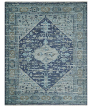 Woolen 8x10 Navy Blue and Beige Traditional Hand Knotted Wool Area Rug