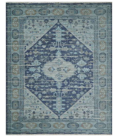 Woolen 8x10 Navy Blue and Beige Traditional Hand Knotted Wool Area Rug