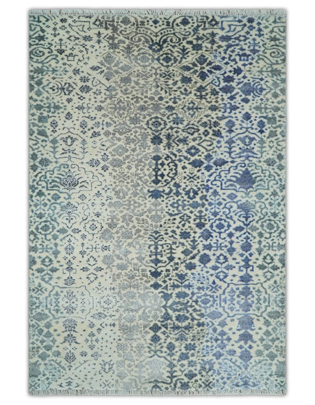 Woolen Modern Contemporray Wool Beige, Blue and Silver Hand knotted Rug