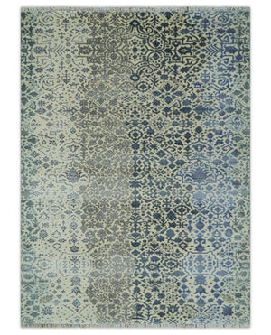 Woolen Modern Contemporray Wool Beige, Blue and Silver Hand knotted Rug