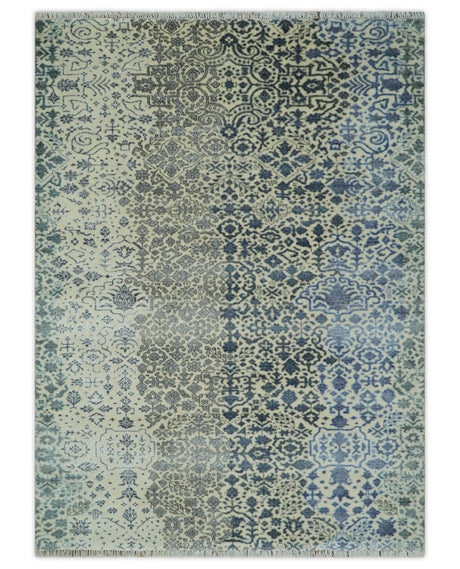 Woolen Modern Contemporray Wool Beige, Blue and Silver Hand knotted Rug