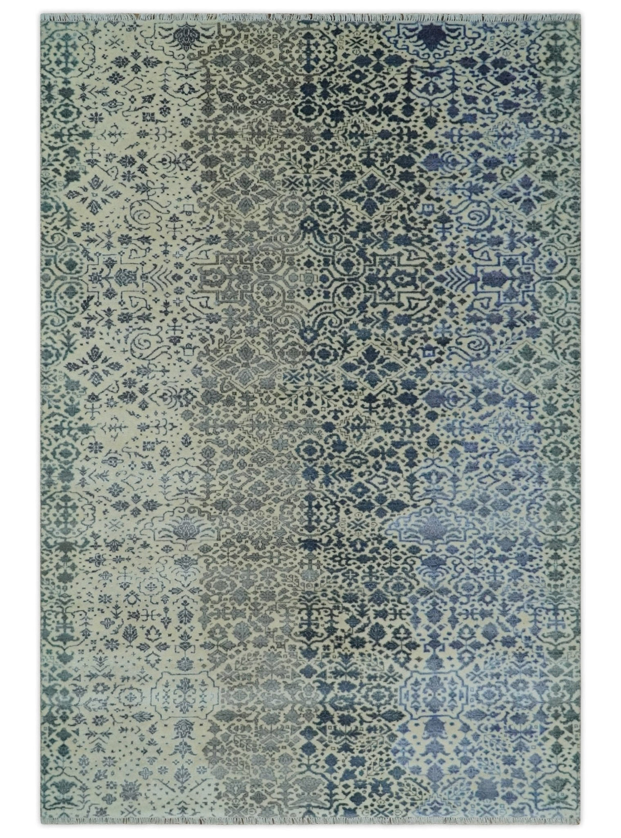Woolen Modern Contemporray Wool Beige, Blue and Silver Hand knotted Rug