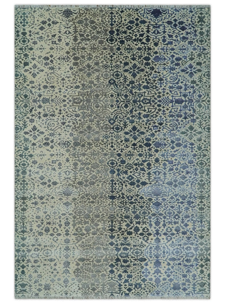 Woolen Modern Contemporray Wool Beige, Blue and Silver Hand knotted Rug