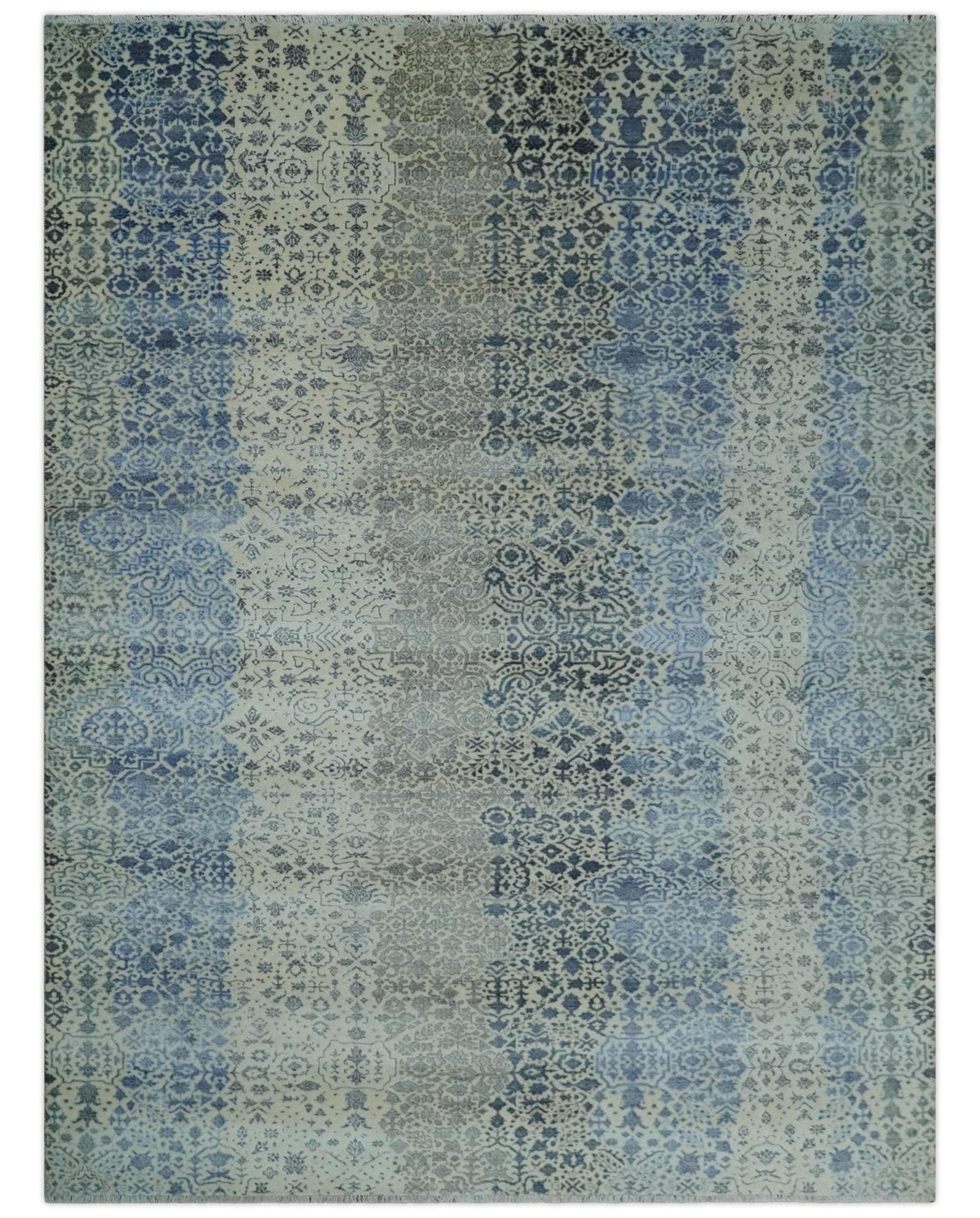 Woolen Modern Contemporray Wool Beige, Blue and Silver Hand knotted Rug