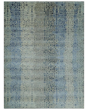 Woolen Modern Contemporray Wool Beige, Blue and Silver Hand knotted Rug