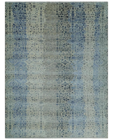 Woolen Modern Contemporray Wool Beige, Blue and Silver Hand knotted Rug