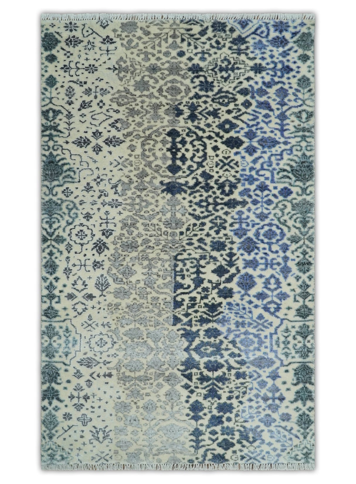 Woolen Modern Contemporray Wool Beige, Blue and Silver Hand knotted Rug