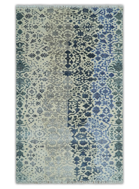 Woolen Modern Contemporray Wool Beige, Blue and Silver Hand knotted Rug