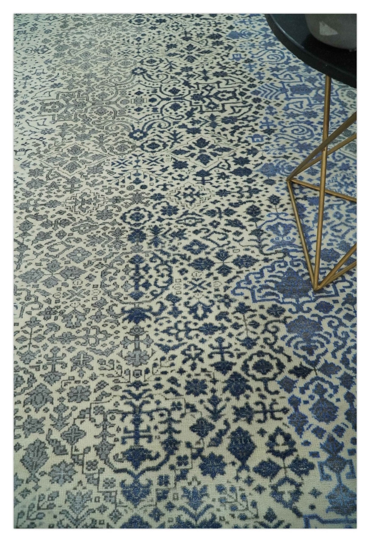 Woolen Modern Contemporray Wool Beige, Blue and Silver Hand knotted Rug