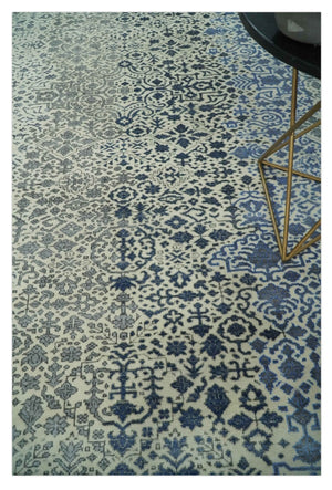 Woolen Modern Contemporray Wool Beige, Blue and Silver Hand knotted Rug