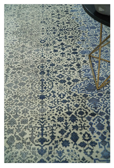 Woolen Modern Contemporray Wool Beige, Blue and Silver Hand knotted Rug