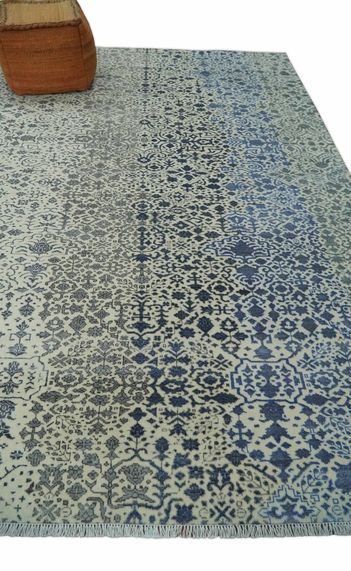 Woolen Modern Contemporray Wool Beige, Blue and Silver Hand knotted Rug