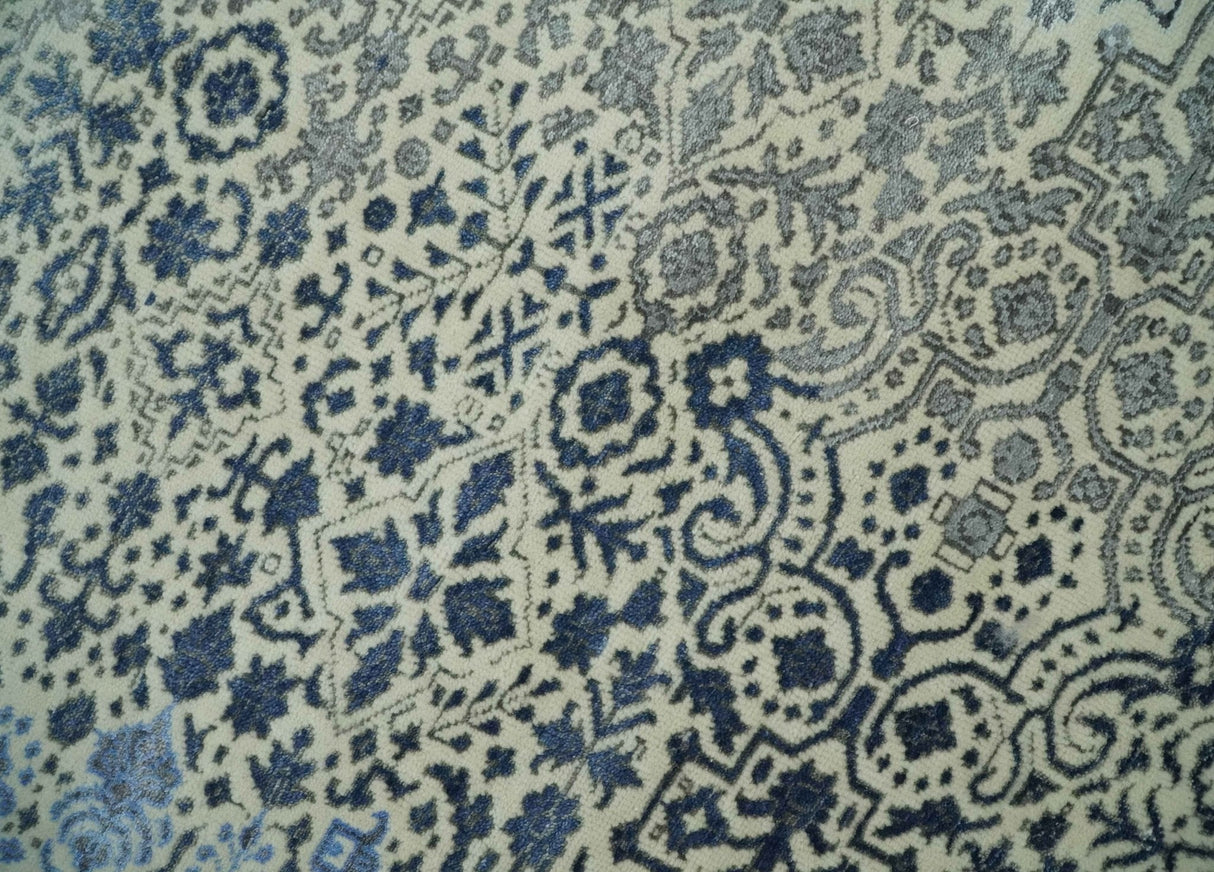 Woolen Modern Contemporray Wool Beige, Blue and Silver Hand knotted Rug