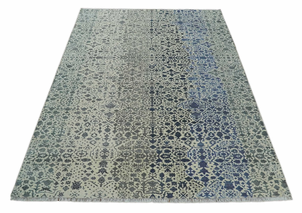 Woolen Modern Contemporray Wool Beige, Blue and Silver Hand knotted Rug