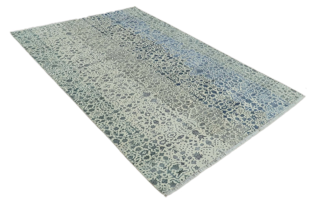 Woolen Modern Contemporray Wool Beige, Blue and Silver Hand knotted Rug