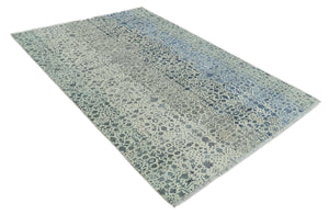 Woolen Modern Contemporray Wool Beige, Blue and Silver Hand knotted Rug