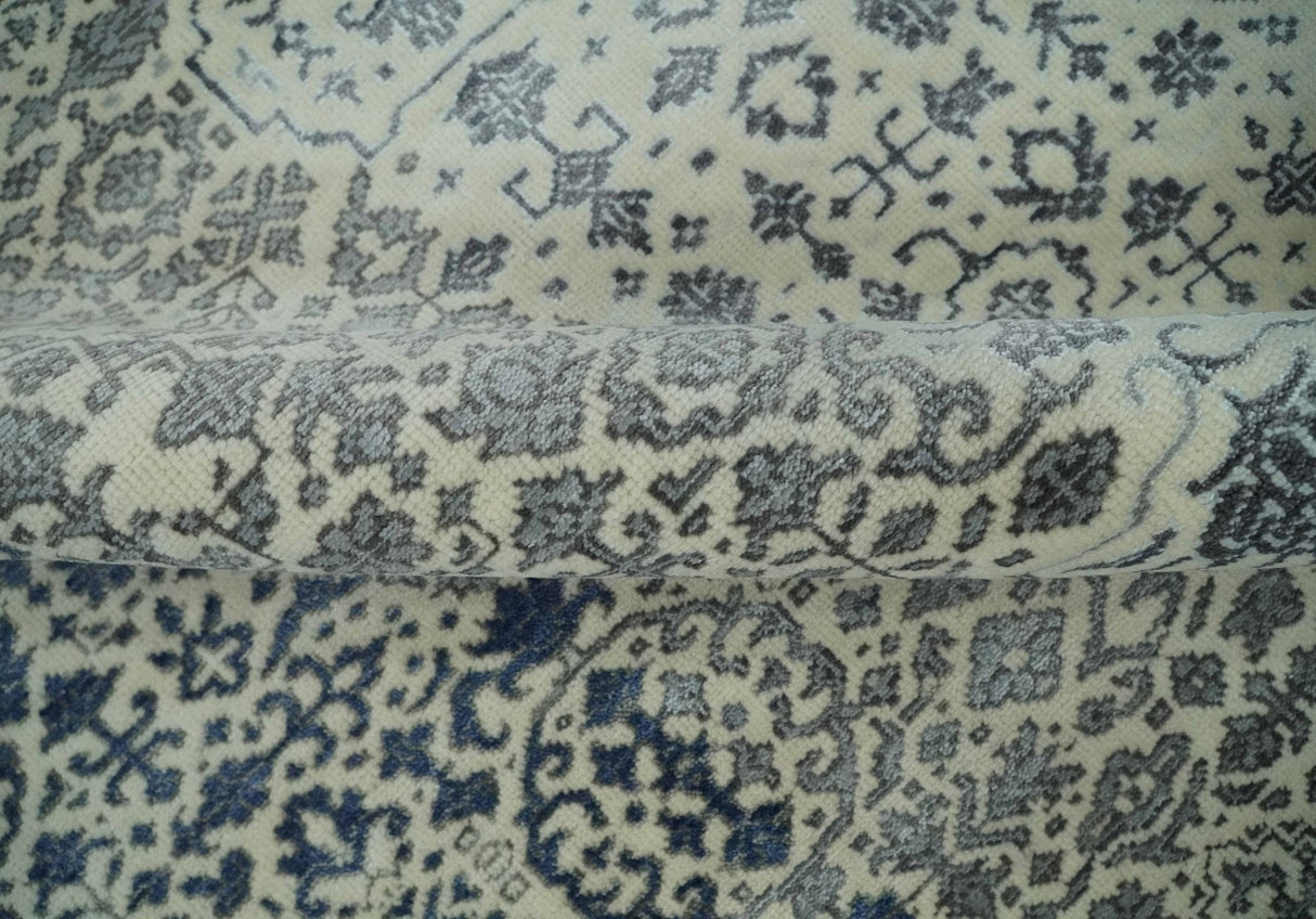 Woolen Modern Contemporray Wool Beige, Blue and Silver Hand knotted Rug
