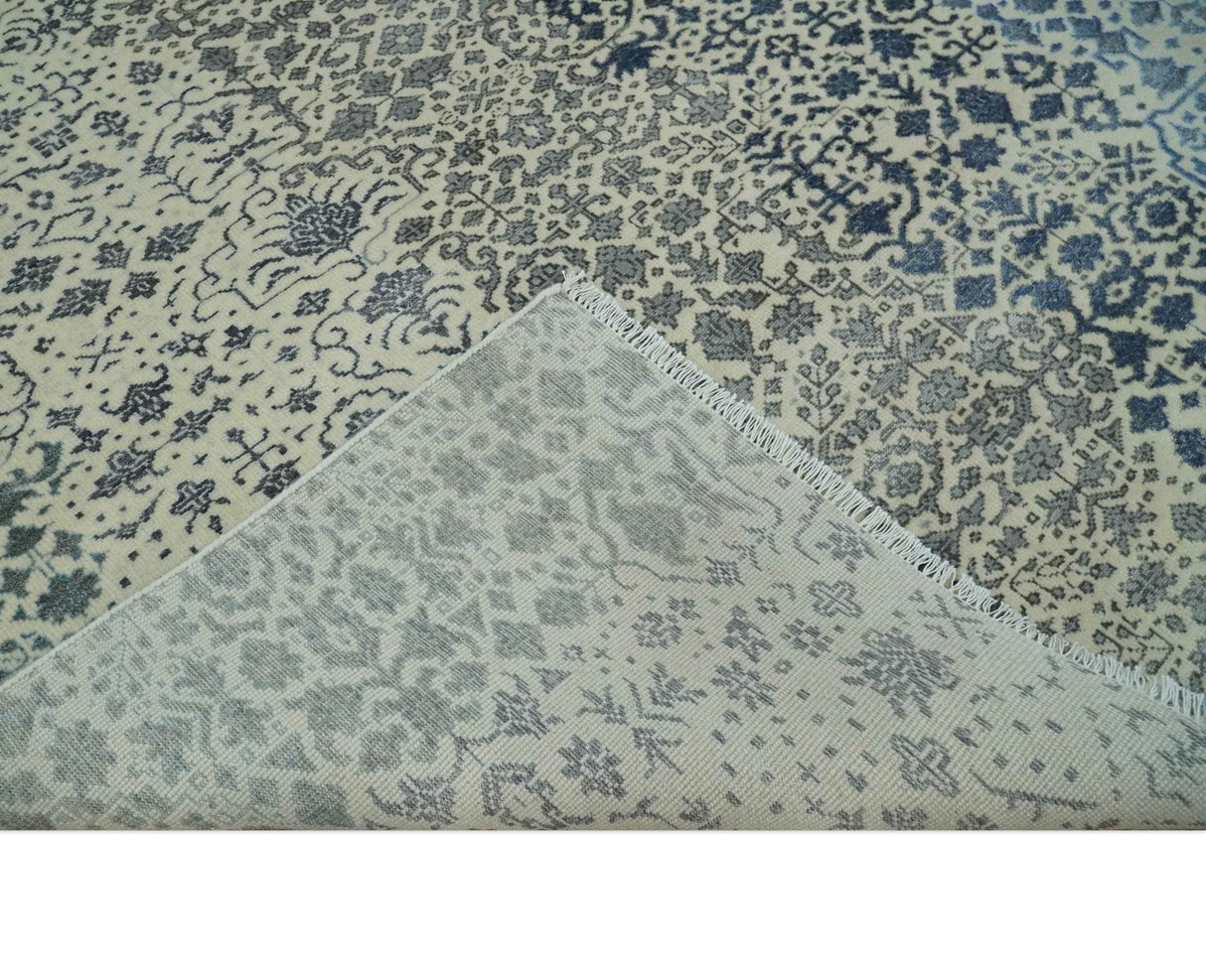 Woolen Modern Contemporray Wool Beige, Blue and Silver Hand knotted Rug